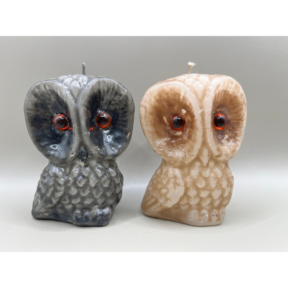 Vtg‎ Pair Candles Wax Owls Gray Tan 3.25" Tall Retro Decorative Decor Eyes 70s